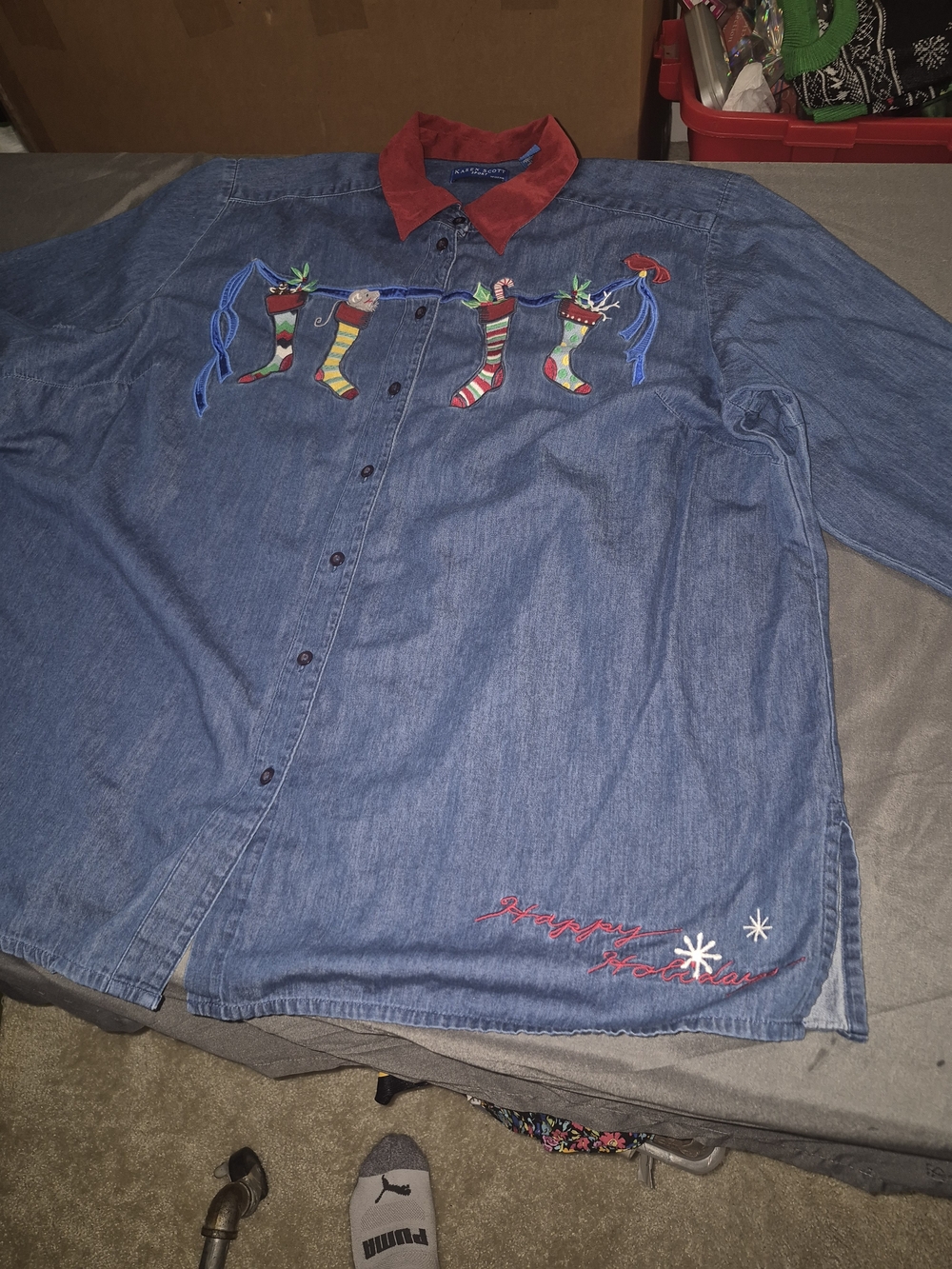 Karen Scott Blue Denim Shirt with Red Collar